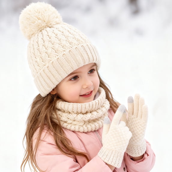 XIMIN Kid Girls 3 Piece Outfits Warm Winter Beanie Hat Fluffy Lined Knitted Neck Warmer Scarf Neck Gaiter Soft Cuffed Cap Gloves with Pom Pom for Cold Weather