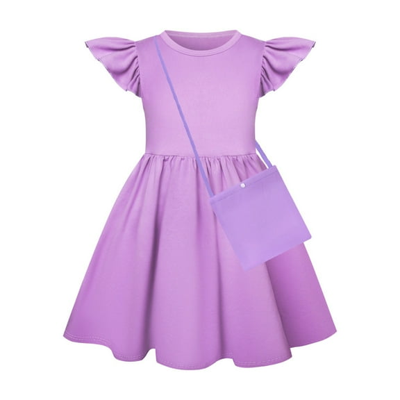 XIMIN Kid Girls Boho Sun Dress Double Layer Ruffle Sleeve Dress Solid Color Flutter Sleeve Tween Ruffles Tiered Dresses with Small Bag Summer Flowy A-Line Sundress