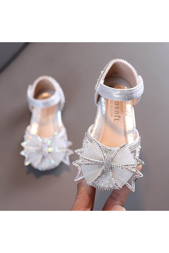 Kid Girls Bowknot Performance Dance Shoes Gymnastic Slides Soft Sole Dress Sandals Pearl Rhinestones Shining Kids Princess Shoes for Easter