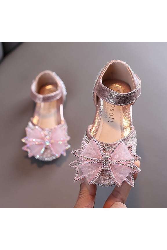 Kid Girls Bowknot Performance Dance Shoes Gymnastic Slides Soft Sole Dress Sandals Pearl Rhinestones Shining Kids Princess Shoes for Easter