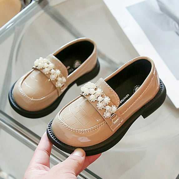 XIMIN Kid Girls Fashion Casual Loafers Vintage Single Shoes Slip On Gentle Pearl Mary Janes Shoes Leather Shoes Thick Sole Non Slip Dress Shoes