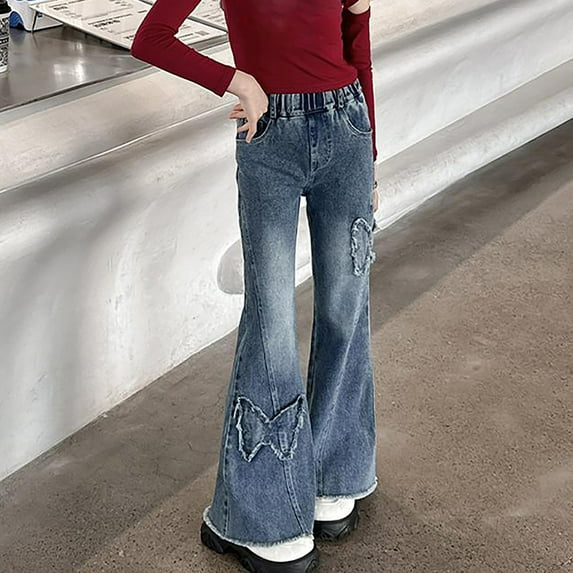 XIMIN Kid Girls Flared Jeans Bell Bottoms Elastic Waist Ripped Cute Wide Leg Denim Pants Elastic Waist Loose Fit School Trousers Vintage Y2k Streetwear Aesthetic Teen Clothes