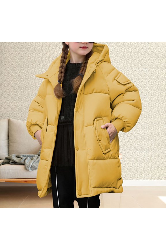 Kid Girls Hooded Winter Coats Mid-Length Puffer Jackets Warm Thicken Padded Down Coat Toddler Water Resistant Quilted Down Jacket Long Sleeve Outwear with Pockets