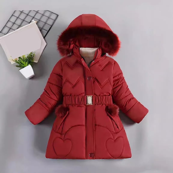 XIMIN Kid Girls' Long Sleeve Puffer Fleece Jacket Thickened Overcoat with Faux Fur Lined Hood Heavy Parka Coat Waterproof Winter Warm Clothes