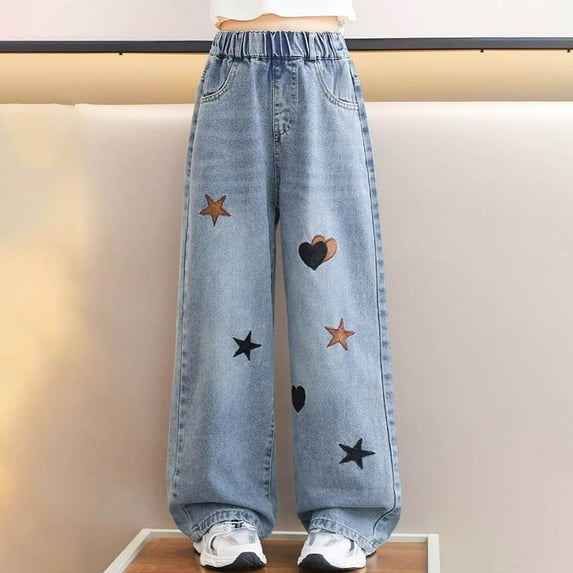 XIMIN Kid Girls Loose Jeans Baggy Heart Embroidery Elastic Waist Mid Rise Wide Leg Jeans Denim Pants Vintage Y2k Streetwear Aesthetic Loose Teen Clothes