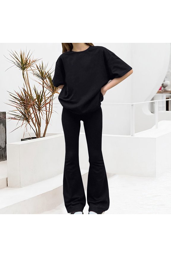 Kid Girls Outfit Short Sleeve T Shirts Solid Color Raw Hem Oversized Tops Casual Crewneck Basic Tees and High Waisted Flare Leggings Bottom Pants