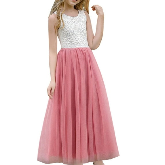 XIMIN Kid Girls Rose Lace Back A-Line Tutu Tulle Long Sleeve O-Neck Flower Dress Wedding Garden Party Puffy Tulle First Communion Dresses