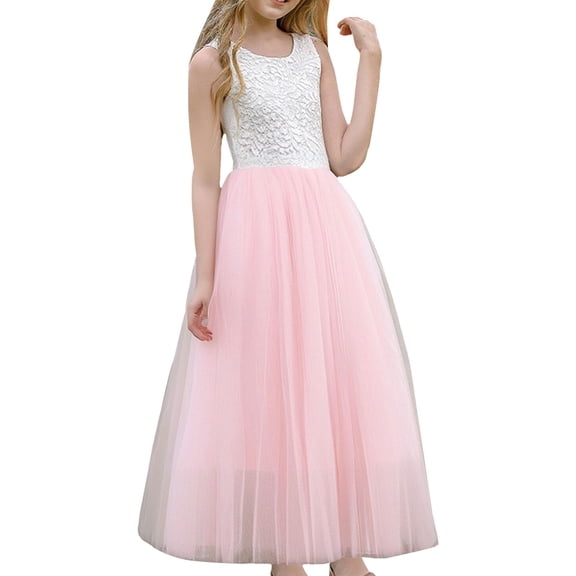 XIMIN Kid Girls Rose Lace Back A-Line Tutu Tulle Long Sleeve O-Neck Flower Dress Wedding Garden Party Puffy Tulle First Communion Dresses