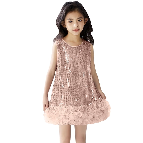 XIMIN Kid Girls Sequin Party Dress A-Line Sleeveless Sparkly Gown Party Dresses Sparkly Formal Birthday Special Occasion Fancy Pageant Dresses with Trim
