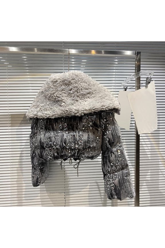 Kid Girls Sequins Quilted Jackets Zip Up Short Coats Puffer Jackets Zip Up Lightweight Warm Outerwear with Fuzzy Collar Pockets Winter Warm Clothes