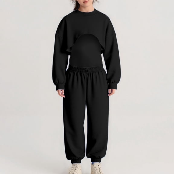 XIMIN Kid Girls Solid Color 3 Piece Outfits Workout Long Sleeve Loose Round Neck Crop Sweatshirt and Strap Tank and Joggers Sweatpants Set Fall Clothes