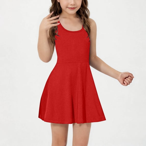 XIMIN Kid Girls Solid Color Sleeveless Tennis Dress Racerback 2-in-1 Athletic Tennis Golf Dress School Sports Underneath Workout Active Dresses Outfit