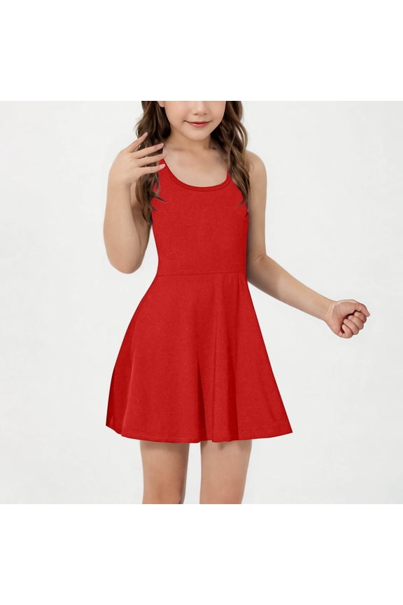 Kid Girls Solid Color Sleeveless Tennis Dress Racerback 2-in-1 Athletic Tennis Golf Dress School Sports Underneath Workout Active Dresses Outfit