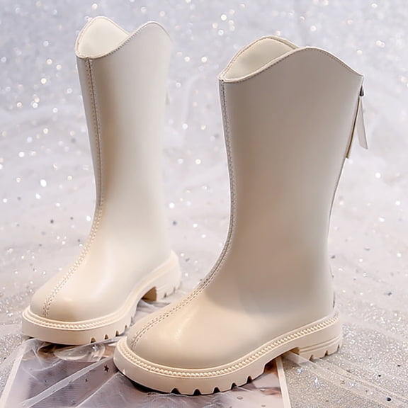 XIMIN Kid's Girls PU Leather Zipper Lug Sole Solid Color Boot Mid Calf Combat Knee High Riding Shoes Fall Winter Solid Color Cozy Boots