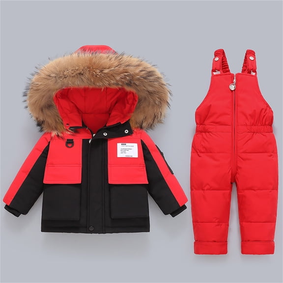 XIMIN Kids 2 Piece Snowsuit Set Winter Waterproof Faux Fur Hooded Puffer Jacket & Snow Bib Pants Outfit Boy Girl Ski Suits Baby Warm Thick Outfit