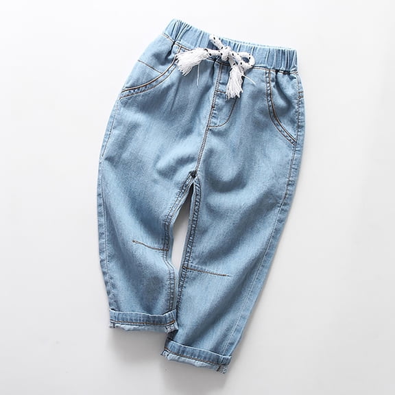 XIMIN Kids Boys Denim Jeans Pants Pull-On Elastic Waist Straight Leg Denim Pant Elastic Waist Soft Cotton Denim Pants Vintage Retro Lightweight Slim Fit Trousers