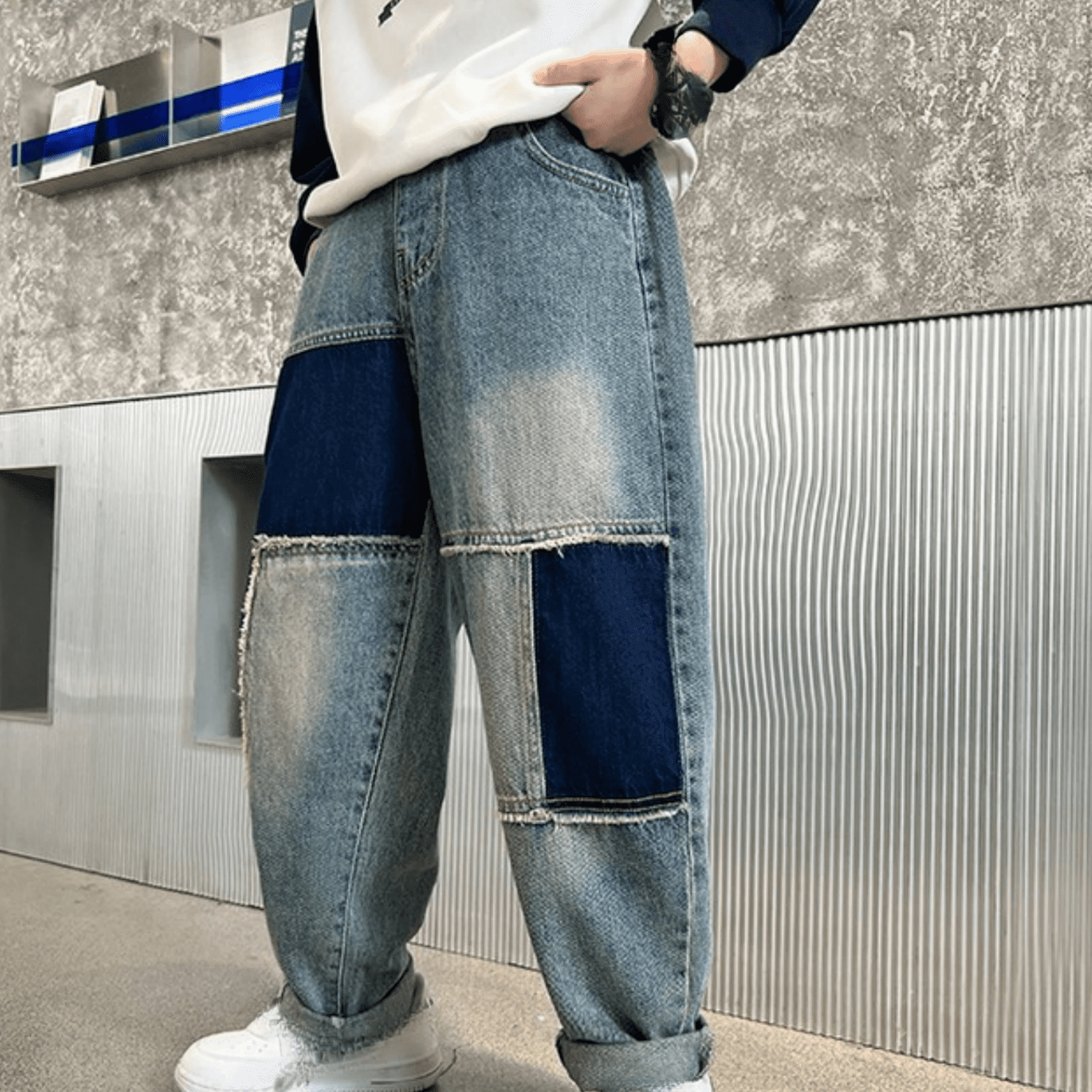 XIMIN Kids Boys Ripped Patchwork Baggy Jeans Lightweight Irregular
