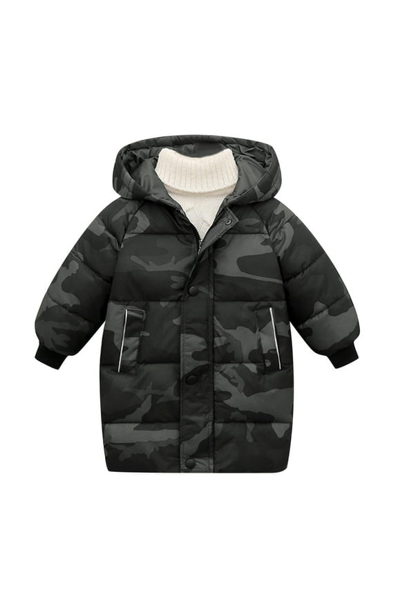 Kids Camo Hooded Puffer Long Jacket Windproof Warm Insulated Solid Quilted Water-Resistant Padded Down Coat with Pockets Toddler Winter Snow Outwear