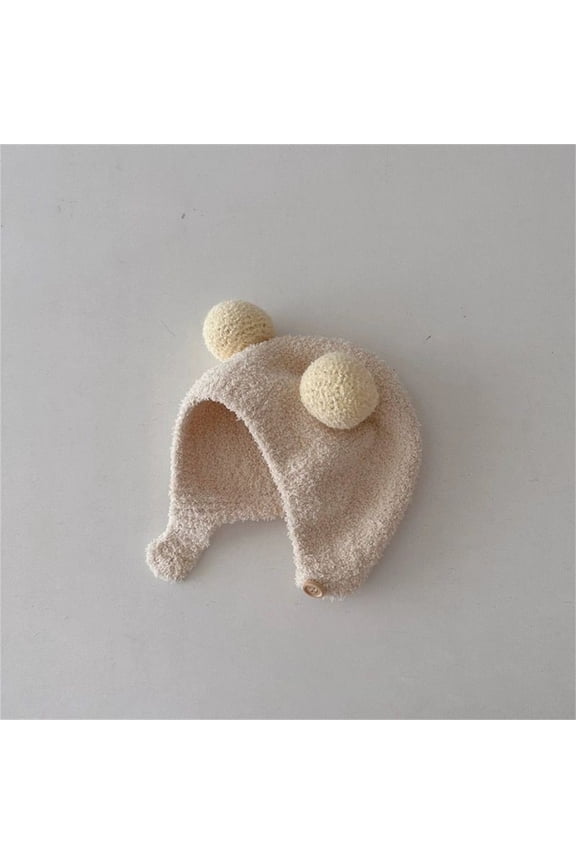 Kids Girl Boys Cute Winter Pompom Baby Warm Hats Cold-Proof Pure Hand-Crocheted Fleece Hemming Caps with Ball Solid Ear Protection Soft Bonnet