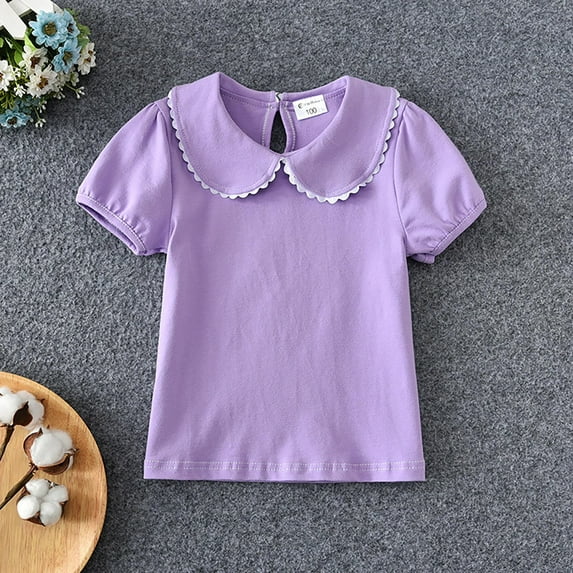 XIMIN Kids Girl Puff Short Sleeve Ruffle Doll Collar Shirt Toddler White Blouse Baby T-Shirt Solid Color Summer Outfit Basic Bottom Top Casual Blouse Tee