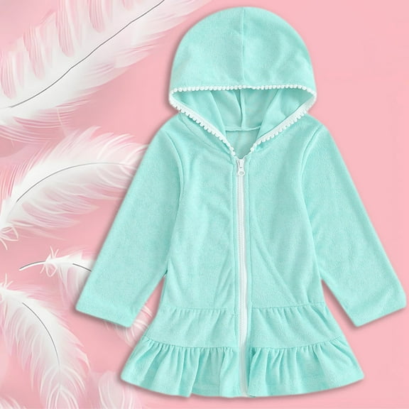 XIMIN Kids Girl Swim Cover Up Hooded Wraps Zip-Up Tie Dye Terry Swimsuit Cover-ups Beach Robe Coverup Dress Bathrobe Towel Bathing Suit (18-24 Months, Light Blue)