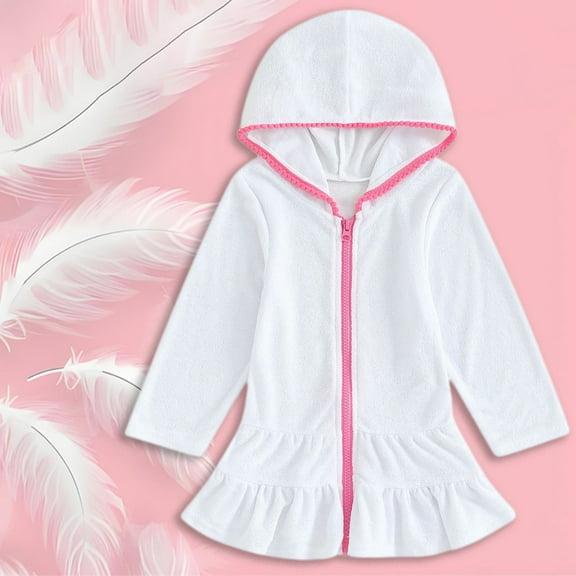 XIMIN Kids Girl Swim Cover Up Hooded Wraps Zip-Up Tie Dye Terry Swimsuit Cover-ups Beach Robe Coverup Dress Bathrobe Towel Bathing Suit (18-24 Months, White)