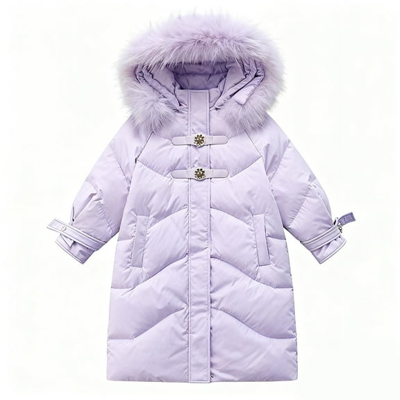 XIMIN Kids Girl Winter Long Puffer Coat with Hood Light Weight Fur Collar Hooded Dress Coats Winter Warm Jacket Teen Insulated Padded Thicken Down Outerwear