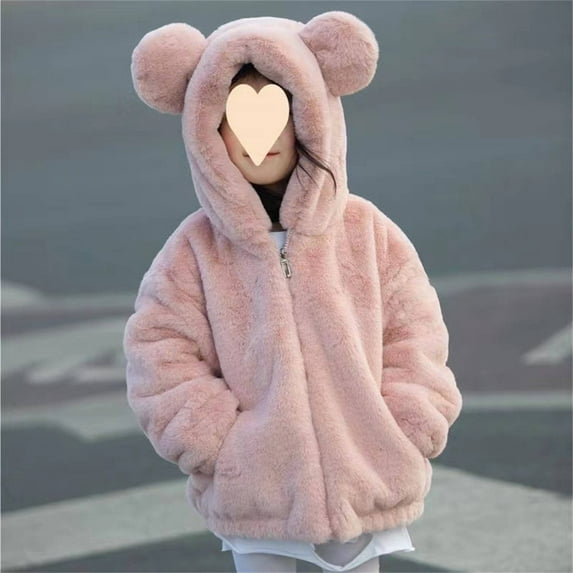 XIMIN Kids Girl's Zip Up Fuzzy Fleece Jacket with Hood Zip Up Cute Teddy Coat with Ultra Soft Bear Ears Hoodie Sweatshirt Warm Clothes Toddler Winter Coat