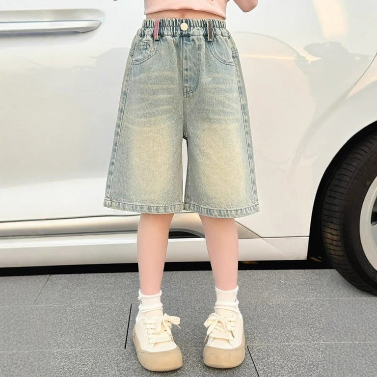 XIMIN Kids Girls Baggy Denim Bermuda Shorts Straight Leg Knee