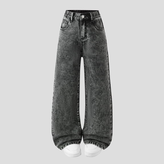 XIMIN Kids Girls Baggy Jeans Solid Color Wide Leg Vintage High Waist Denim Pants Teen Trendy Casual Straight Washed Streetwear Y2k Denim Trousers