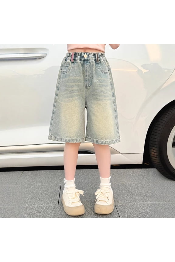 Kids Girls Bermuda Shorts Knee Length Jorts Trendy Vintage Elastic High Waisted Straight Leg Denim Shorts Wide Leg Casual Jean Shorts with Pockets