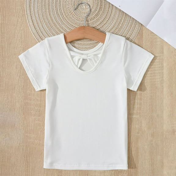 XIMIN Kids Girls Bowknot T-Shirt Funny Back Bow Solid Color Summer Casual Tees Child Short Sleeve Round Neck Basic Layering Tops (7Years, White)