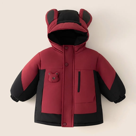 XIMIN Kids Girls Boys Cute Bear Ears Hooded Full Zip Puffer Jacket Color Block Applique Padded Waterproof Down Coat Trendy Fall Winter Warm Snowsuit