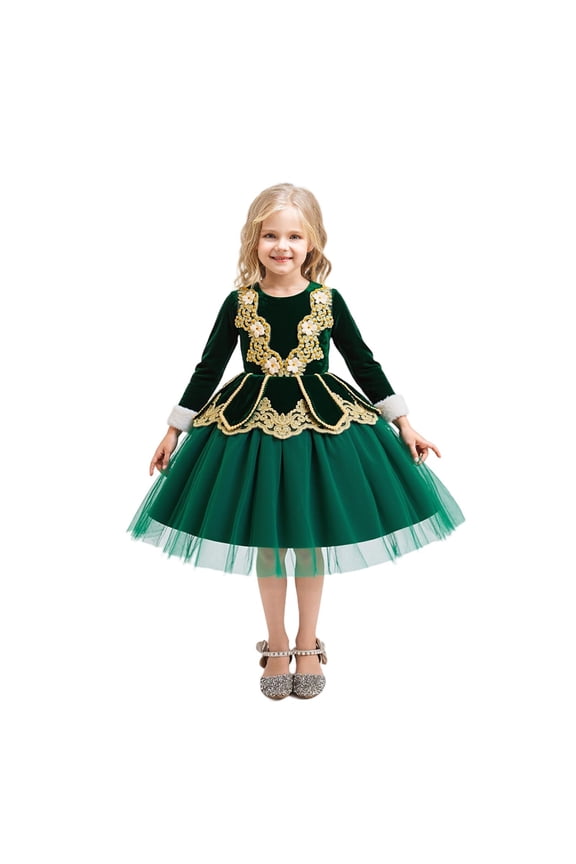 Kids Girls Christmas Velvet Dress Flower Embroidery Pleated Tulle Tutu Dresses Long Sleeve Ruffle Holiday Layered Dress Birthday Party Princess Dresses