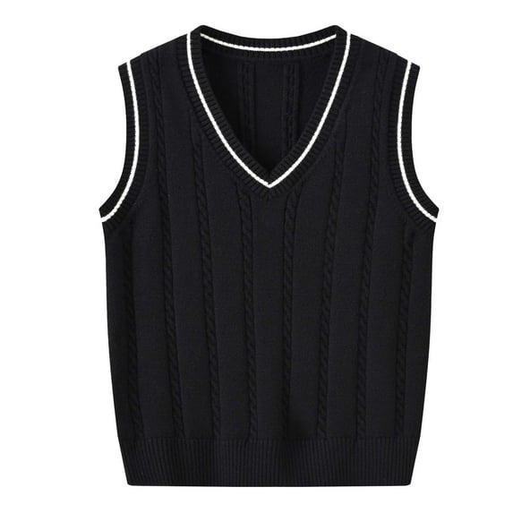 XIMIN Kids Girls Classic Sleeveless V-Neck Cable Knit Sweater Vest Solid Color Tank Top Loose Retro Knitted Stripe Casual School Uniform Daily Streetwear Sweater Vest