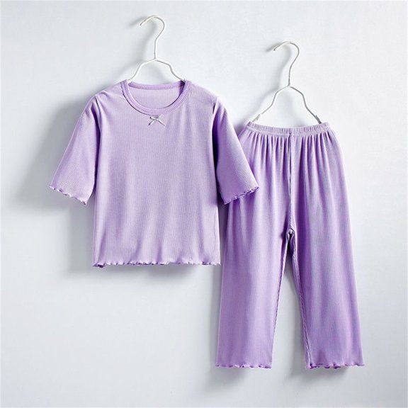 XIMIN Kids Girls Cool Comfy Solid Color Modal Shirring Short Sleeves Top and Wide Leg Pants Housewear 2 Piece Outfit Set Loose Fit Sleepwear Nightwear (5-6 Years, Purple)