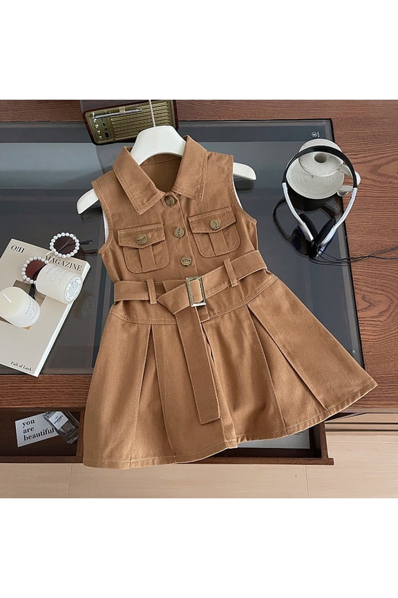 Kids Girls Denim Dress Collared Neck Jean Shirt Dress Little Girl Dresses Sleeveless Buttons Up Belted Waist A-line Flowy Swing Dresses with Pockets