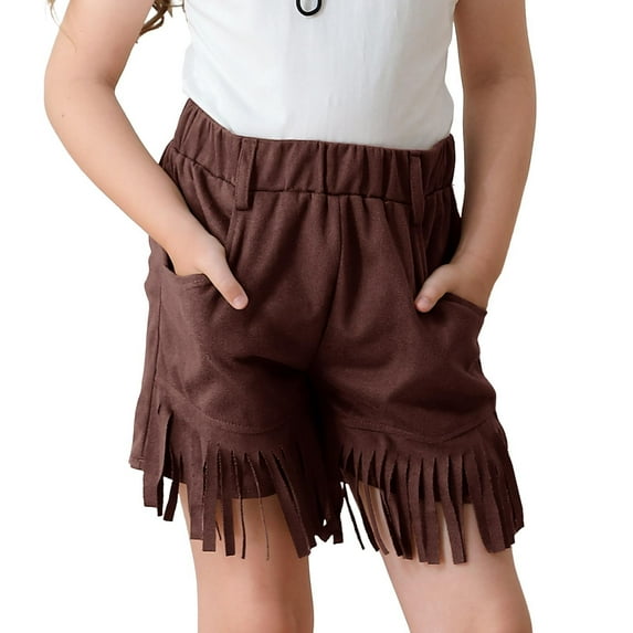 XIMIN Kids Girls Faux Suede Fringe Shorts with Pocket Solid Color Casual Elastic Waist Knee Length Loose Cute Summer Beach Vacation Cowgirl Costume Short