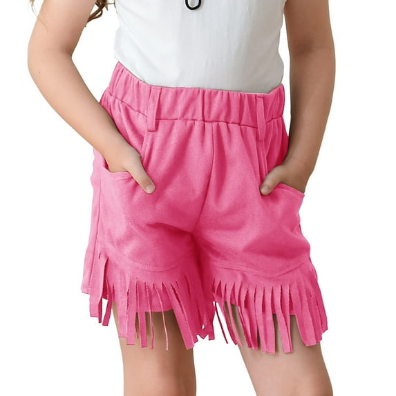 XIMIN Kids Girls Faux Suede Fringe Shorts with Pocket Solid Color Casual Elastic Waist Knee Length Loose Cute Summer Beach Vacation Cowgirl Costume Short