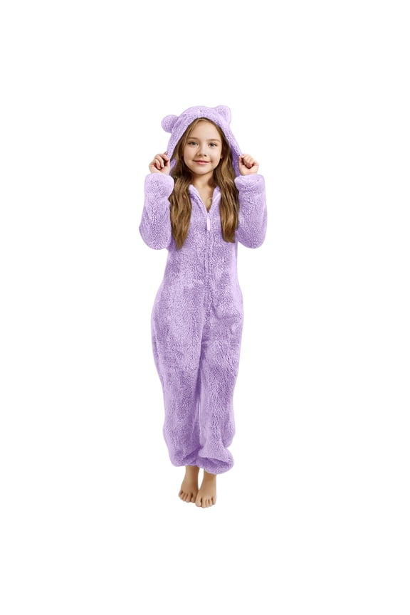 Kids Girls Fleece Onesie Pajamas Jumpsuit Costume Fuzzy Cute Animal Onesie Winter Warm Sherpa Lined Romper One Piece Zipper Hooded Cute Playsuit Sleepwear