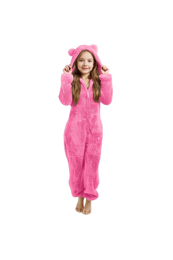 Kids Girls Fleece Onesie Pajamas Jumpsuit Costume Fuzzy Cute Animal Onesie Winter Warm Sherpa Lined Romper One Piece Zipper Hooded Cute Playsuit Sleepwear