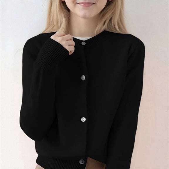 XIMIN Kids Girls Long Sleeve Fleece Button Down Plain Cute School Uniform Knit Sweater Cardigan Plain Cute School Uniform Knitwear Warm Jacket Cardigan