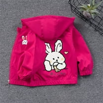 XIMIN Kids Girls Rabbit Print Hooded Jacket Teen Lightweight Windbreaker Waterproof Rain Jacket Toddler Long Sleeve Adorable Raincoats Casual Zip up Outerwear