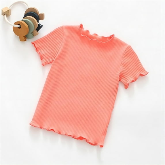 XIMIN Kids Girls Round Neck Shirts Cute Rib Knit Lettuce Trim Short Sleeve Wooden Ears Edge Blouse Tops Fashion Crewneck Solid Color Blouse Summer Stretch T-Shirt