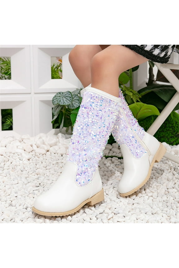 Kids Girls Sparkly Glitter Knee Length Boots Western Cowboy Fashion Sequins Riding Shoes with Side Zipper Party Birthday Dance Shoes (5-5.5 Years, White)