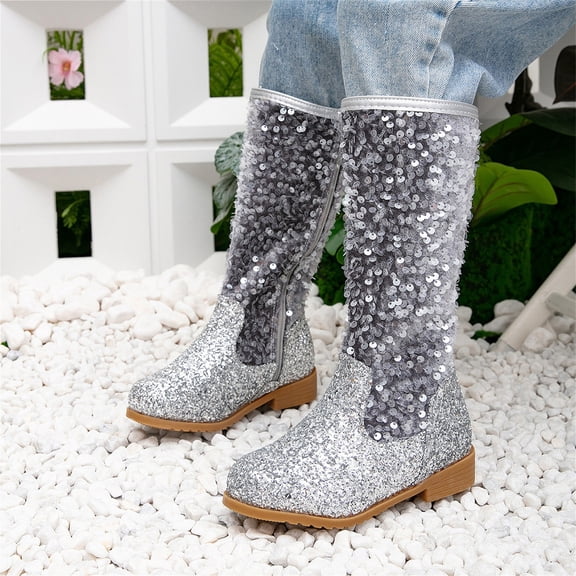 XIMIN Kids Girls Sparkly Glitter Knee Length Boots Western Cowboy Fashion Sequins Riding Shoes with Side Zipper Party Birthday Dance Shoes (6-7 Years, Silver)