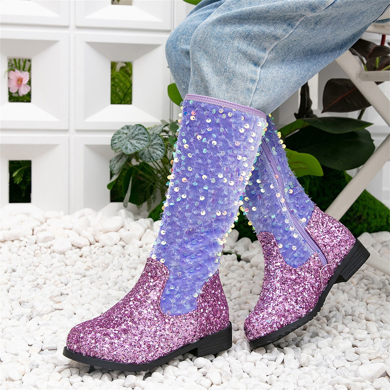 XIMIN Kids Girls Sparkly Glitter Knee Length Boots Western Cowboy