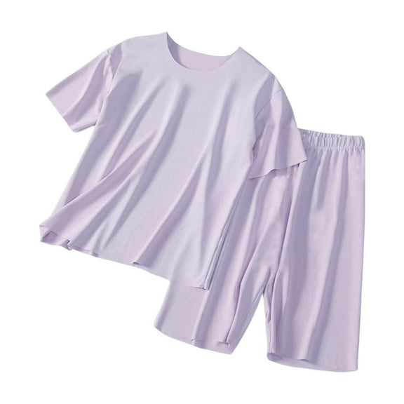 XIMIN Kids Plain Shirts Shorts Sets Silk Pajama Set 2pc Loose Soft Ice Silk Shirts Short Sleeve Tops and Wide Leg Pants Outfits Thin Comfy Casual Boys Girls Clothes