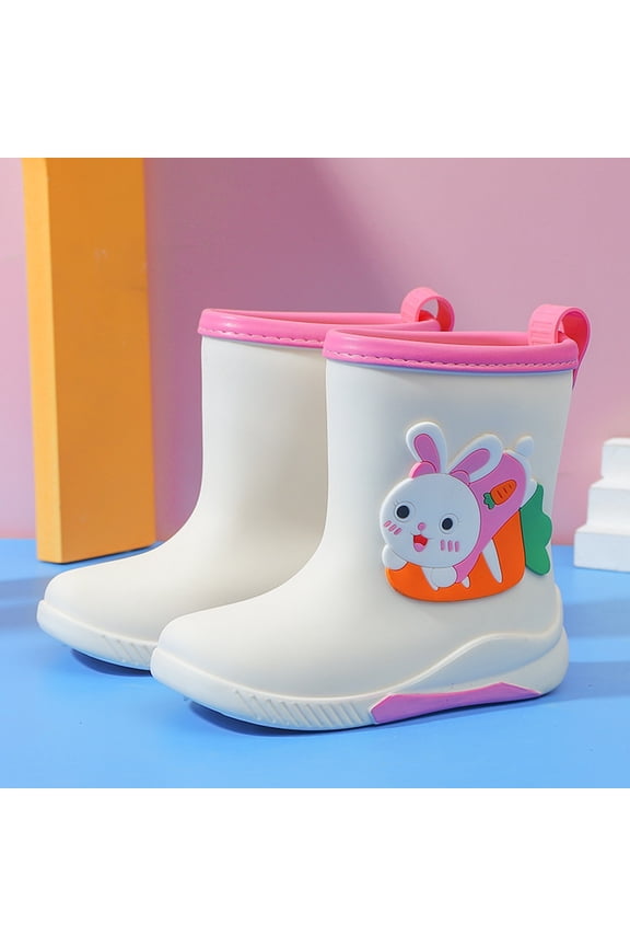 Kids Rain Boots Cute Non Slip Rain Boots Toddler Cartoon Rabbit PVC Rubber Rain Shoes with Warm Inner Boys Girls Rubber Short Rainboots for Outdoor