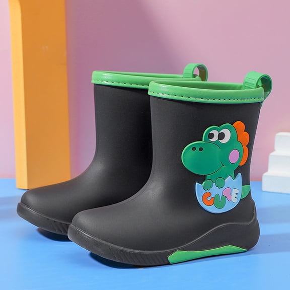 XIMIN Kids Rain Boots Easy-On Rubber Boots Boys Girls Cute Cartoon Dinosaur Waterproof Anti-Slip Color Block Playing Rainboots Rainy Outdoor Shoes